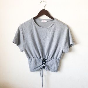 Q Lace-up Waist Grey Short Sleeve Crop Top